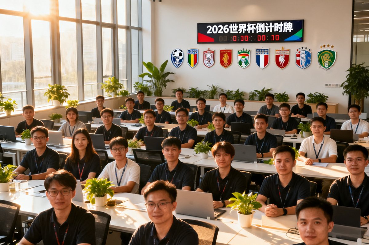 6686体育编辑团队在广州总部办公室的集体合影，约80人整齐排列在开放式办公区，背景墙面展示着2026世界杯倒计时牌和各队队徽，阳光透过落地窗洒在办公桌上