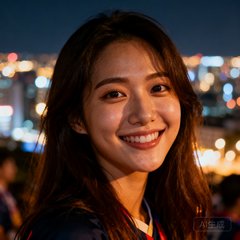 一位长发女性球迷的头像，她面带微笑看向镜头，身后是夜晚的城市灯光，展现出对足球资讯的热情